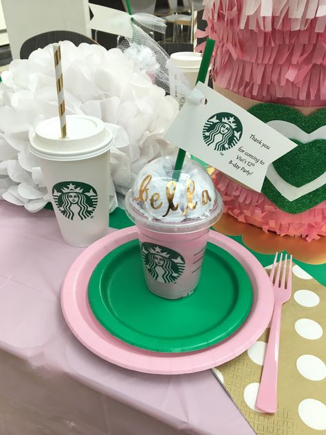 Pink Starbucks Party Ideas, Pink Starbucks Birthday Party Ideas, Pink Starbucks Party, Pink Starbucks Birthday Party, Starbucks Pink Drink Birthday Party, Starbucks Themed Birthday Cake, Starbucks Birthday Party Decorations, Starbucks Decorations Birthday, Cheerleader Birthday Party