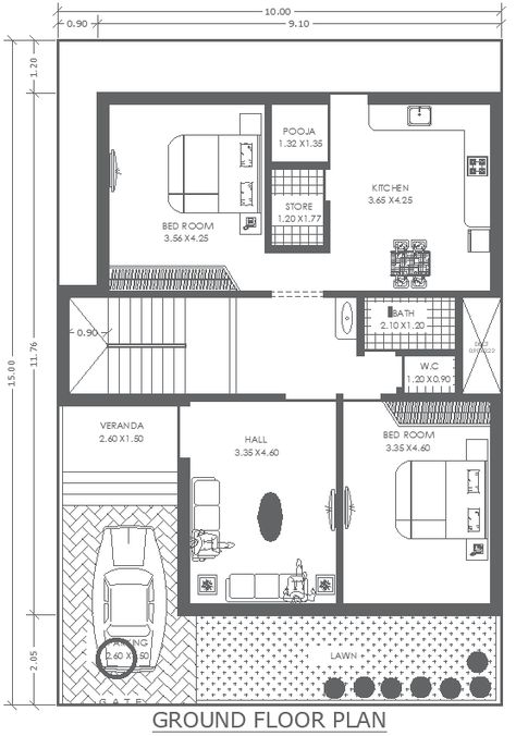 10m x 15m Ground Floor 2BHK House Plan Layout AutoCAD DWG - Cadbull House Plan Layout, 2bhk House Plan, Cad Library, Store Room, Living Hall, Plan Layout, Parking Area, Hotel Layout, Building Landscape