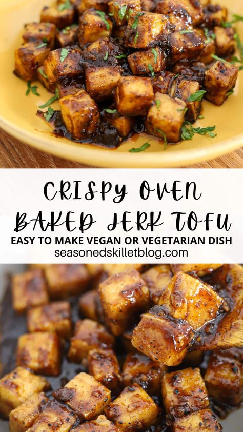 Crispy Baked Jerk Tofu has all the bold, sweet, spicy flavour you love from traditional Jamaican jerk recipes but it's a deliciously filling vegetarian dish. Serve it with a salad, in a wrap or on a bed of fluffy rice. However you choose to enjoy this protein replacement, it's bound to be a hit! Jamaican Jerk Recipes, Jerk Recipes, Jerk Tofu, Jerk Recipe, Vegetarian Recipes Tofu, Veggie Main Dishes, Tofu Recipes Vegan, Fluffy Rice, Jamaican Dishes