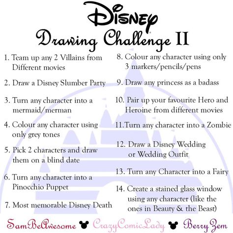 Disney Drawing Challenge, 30 Day Art Challenge, Art Journal Challenge, Disney Drawing, 30 Day Drawing Challenge, Journal Challenge, Art Journal Prompts, Drawing Ideas List, Images Disney