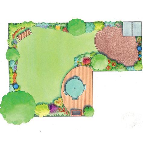 Make the most of an L-shaped garden with a simple design that makes use of all the available space L Shaped Garden, Patio Layout Design, Backyard Layout, Patio Layout, Backyard Garden Layout, Backyard Garden Landscape, Small Backyard Gardens, Garden Design Layout, Garden Design Plans