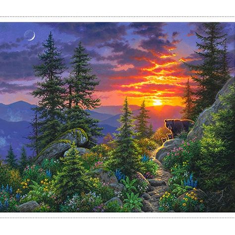 Mountain Sunrise Quilt Panel by Abraham Hunter for 3 Wishes - 699919366972 3 Wishes, Mountain Sunrise, Beautiful Sunrise, Panel Quilts, Smoky Mountains, Printing On Fabric, Art Painting, Trees, Forest