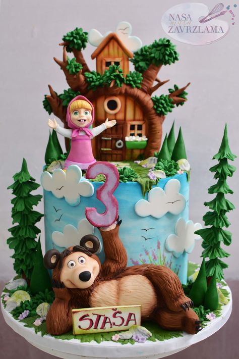 Masa And Bear Cake, Masha And Bear Cake, Cartoon Character Cake, Masha And The Bear Cake, Birthday Cake Models, Masha And Bear, Rodjendanske Torte, Cartoon Birthday Cake, Pig Birthday Cakes