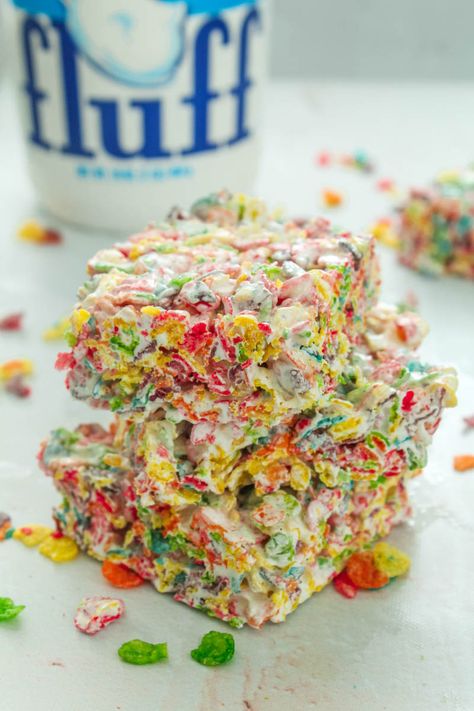 Fruity Pebbles Rice Krispie Treats Fruity Pebble Bars, Fruity Pebbles Rice Crispy Treats, Fruity Pebbles Treats, Cereal Flavors, Fruity Pebble, Fruity Pebbles Cereal, Pebbles Cereal, Colorful Desserts, Krispy Treats