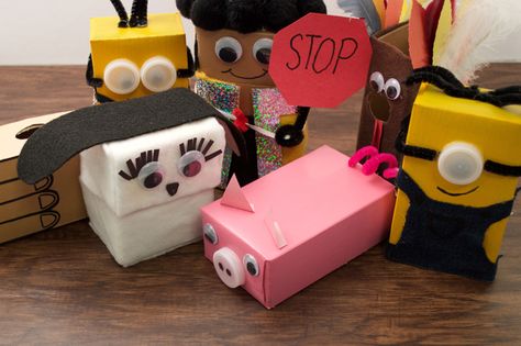 Turn fun-size cereal boxes into hilarious puppets with these easy-to-follow instructions. Box Puppet, Mini Cereal Boxes, At Home Highlights, Cereal Box Craft, Bubbly Slime, Family Games To Play, Home Highlights, Kids Cereal, Kids Wraps