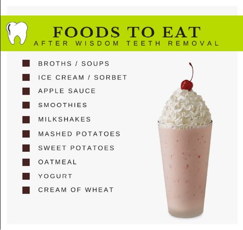 Wisdom teeth are the third and final set of molars located in the back of your mouth. You may need to remove your wisdom teeth if they are impacted or misaligned. After the extraction, you need to eat soft or liquid foods to prevent irritation and infection on the extraction site. View this image to find out the best foods to eat after wisdom teeth removal. For more information visit www.desiredsmiles.com or call at 905-637-5463. Wisdom Teeth Removal Food, Eating After Tooth Extraction, Wisdom Teeth Food, Wisdom Teeth Recovery, After Wisdom Teeth Removal, Soft Foods To Eat, Teeth Surgery, Teeth Remedies, Wisdom Tooth Extraction