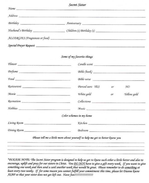 secret sister questionnaire | White Hall Church of Christ Secret Sisters Ideas For Church, Secret Sister Questionnaire, Secret Pal Gifts, Sister Ideas, Womens Ministry Events, Secret Sister Gifts, Ladies Group, Prayer Partner, Secret Sister