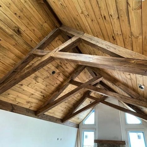 Scissor Truss Gable End, Timber Frame House Interior, Timber Truss Design, Scissor Truss Porch, Cabin Style Living Room, Chapel Interior, Scissor Truss, Timber Frame Cabin, Truss Design