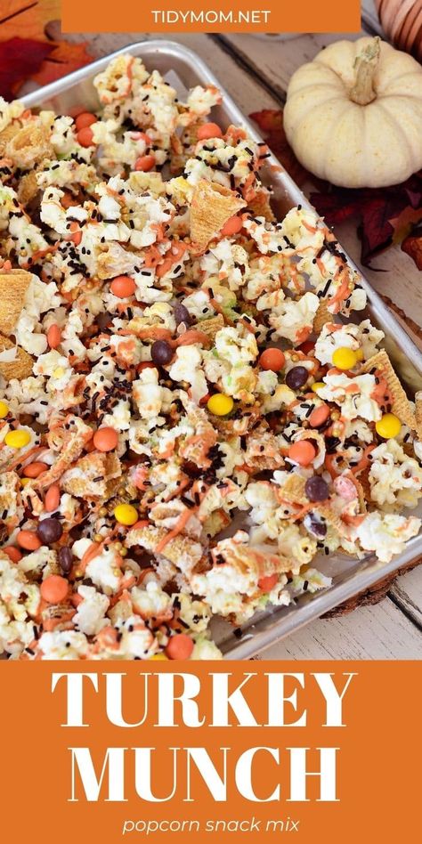 Popcorn Fall Snack, Bugles Snack Mix Recipes White Chocolate, Fall Crunch Munch, Scarecrow Mix Snack, Thanksgiving Popcorn Treats, Moose Munch Recipe, Fall Trash Recipe, Snack Ideas For Thanksgiving, Fall Snacks To Sell