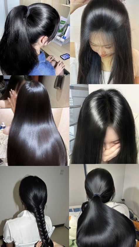 glass hair long shiny black hair pin straight hair korean glass hair manifestation affirmations visualisation moodboard vision board dense thick long black straight hair jet black hair Shiny Dark Hair, Long Thick Hair Vision Board, Shiny Jet Black Hair, Thick Hair Vision Board, Long Black Shiny Hair, Long Silky Straight Hair, Long Black Thick Hair, Thick Hair Manifestation, Glass Hair Aesthetic