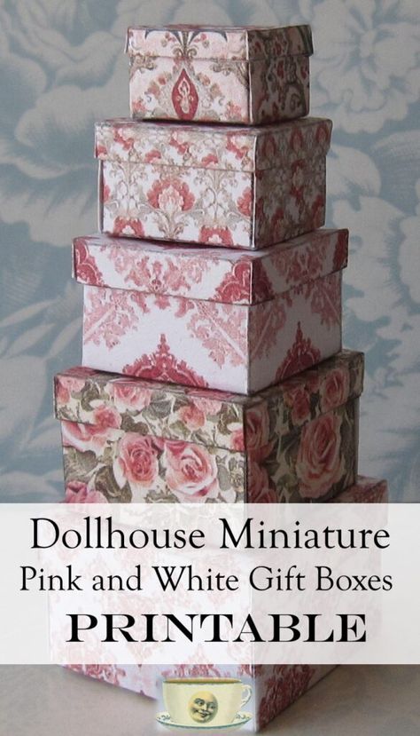 These miniature gift boxes are perfect for displaying your miniatures or creating a mini celebration in a dollhouse.  The gift box printables come in a variety of colors to match whatever setting you are creating for a dollhouse, roombox, or little store. Simple to make! Just print...cut...and create!  Visit my website to find out how to get this DIY craft. Late Night Coffee, Night Coffee, Miniature Sign, Miniature Rooms, Miniature Kitchen, Miniature Gift, Miniature Fairy, Miniature Fairy Gardens, Fairy Gardens