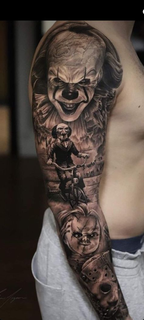 Chest Piece Tattoo Men Design, Micheal Myers Tattoo, Pennywise Tattoo, Michael Myers Tattoo, Chucky Tattoo, Halloween Tattoos Sleeve, Horror Movie Tattoos, Egyptian Tattoo Sleeve, Clown Tattoo