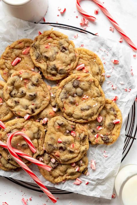 These Peppermint Chocolate Chip Cookies are loaded with candy cane pieces and are the perfect way to get into the Christmas spirit! They are quick and easy to make with no chilling and perfect for taking to a holiday cookie exchange. #cookies #peppermint #candycanes #Christmas #easy #chocolatechips #homemade #best Chocolate Chip Candy Cane Cookies, Candy Cane Chocolate Chip Cookies, Cookie Exchange Cookies, Peppermint Crunch Cookies, Peppermint Desserts, Cookies Peppermint, Peppermint Chocolate Chip Cookies, Peppermint Dessert, Bundt Recipes