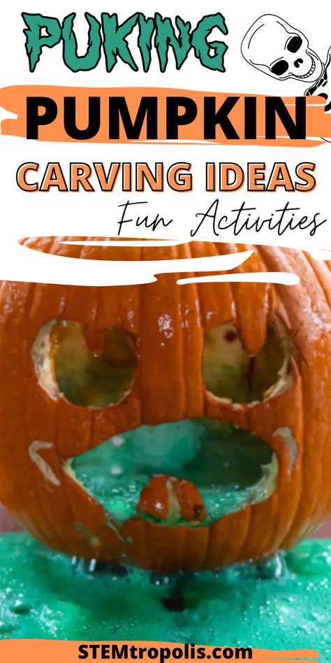 🎃🔬 Looking for a spooky yet fun Halloween science experiment? Try a "Puking Pumpkin"! Carve your cute or scary pumpkin and watch as it "throws up" bubbly green foam in this creative pumpkin carving activity. Perfect for a pumpkin carving party, bonfire, or Halloween STEM experiment. Kids will love this messy, funny pumpkin science project! Click for kids activities, STEM challenges, STEAM projects and science experiments at STEMtropolis.com
👻🧪 #PumpkinScience #HalloweenFun Barfing Pumpkin, Carvings Designs, Halloween Pumpkins Carvings Designs, Halloween Science Activities, Puking Pumpkin, Spooky Science, Pumpkin Carve, Pumpkin Science, Halloween Slime