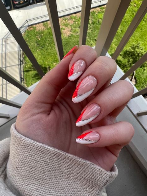 Almond Nails Red And White, Red White Silver Nails, Red White And Gold Nails, French Holiday Nails, Red White And Silver Nails, Holiday Nails Red, Red And Silver Nails, Prom Nails French, Almond Nails Red