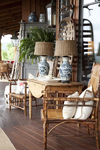 .love the rustic feeling... Tropical British Colonial, Blue And White Vases, West Indies Style, British Colonial Decor, Colonial Interior, Colonial Design, British Colonial Style, Colonial Decor, Wicker Decor