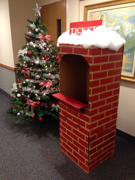 The Ticket booth for our church Polar Express theme Christmas Party. Made with a… Polar Express Christmas Party, Polar Express Theme, Polar Express Party, Ward Christmas Party, Red Spray Paint, Polar Express Train, Ticket Booth, Christmas Party Themes, Office Christmas Party