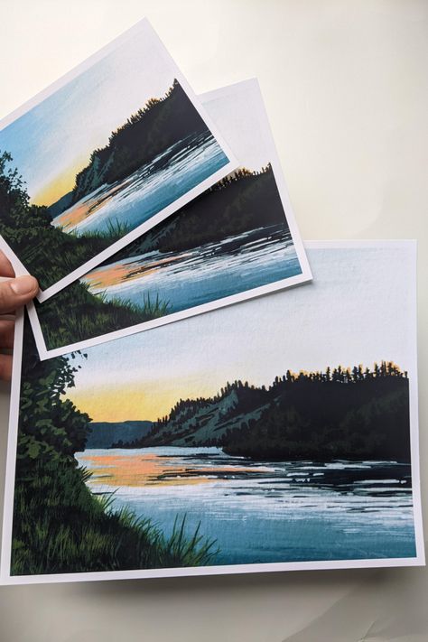 Fine art print of my original painting "Sunset on the Fraser River" Prints are available in three sizes: 4×6″ (10x15cm), 5×7″ (13x17cm), or 8x10" (20x25cm). Printed on 170gsm matte photo paper. The original painting was done in my Strathmore Watercolour Art Journal with 300gsm cold-pressed watercolor paper. It is inspired by a photo of the sunset on the Fraser River I took about 10 years ago visiting my hometown Prince George! Gauche Painting, Sunset Landscape Art, Nature Canvas Painting, Painting River, River Sunset, Fraser River, Jobs In Art, Watercolor Art Journal, Art Deco Abstract