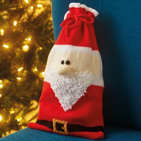 Santa Gift Bag Knitted Santa, Cute Santa Claus, Basketweave Stitch, Crochet Cute, Crochet Santa, Bag Knitting, Christmas Teddy Bear, Reusable Gift Bags, Cute Santa