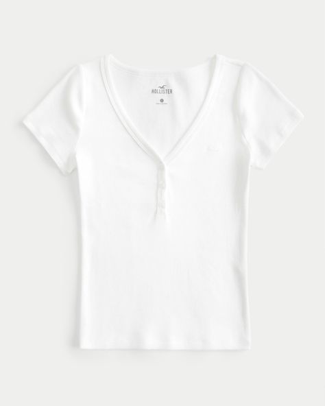 Women's Ribbed Short-Sleeve Icon Henley | Women's Tops | HollisterCo.com White Henley Top, Women's Henley, Ribbed Shorts, Logo Icon, Henley Top, Comfy Shorts, Hollister Tops, Softest Sweater, Knit Vest