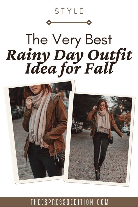 This is hands down the very best rainy day outfit idea for fall - and it's so easy to put together! Get my tips here. | #rainydayoutfit #falloutfitideas #fallfashion #rainydaystyle #autumnstyle #outfitsforwomen | what to wear on a rainy day | how to look cute on a rainy day | rainy day outfit idea for fall | fall outfit ideas for women | easy fall outfits | casual fall outfit October Rainy Day Outfit, Rainy Day Outfit Fall 2023, Coffee Date Outfit Rainy Day, What To Wear When Raining, Office Wear Rainy Day, Rainy Day Fall Outfits, Mexico City Rainy Day Outfit, Rainy Fall Day Outfit, Cold Rainy Day Outfit Casual