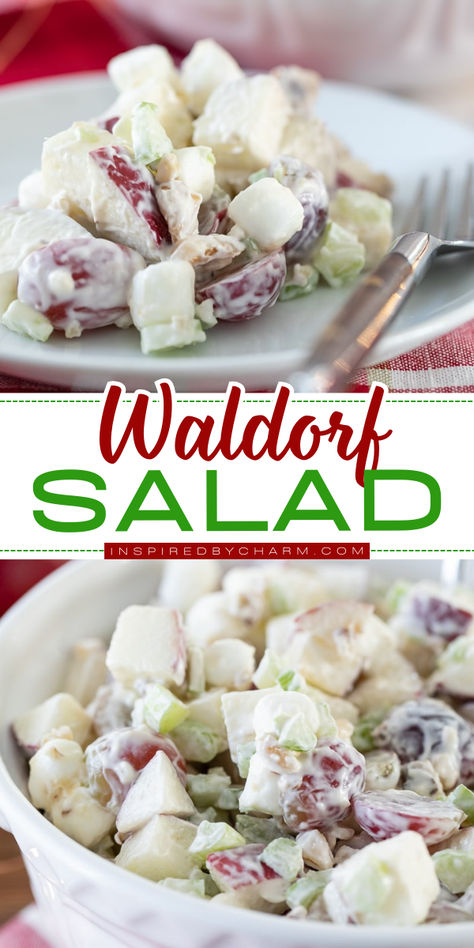 Elevate your holiday meals with the BEST Waldorf Salad recipe! This creamy, fresh delight combines apples, walnuts, and celery for a classic dish that’s perfect as an easy Christmas side dish or Thanksgiving side idea. Save this classic Waldorf salad recipe for later! Trifle Salad Recipes, Easy Fresh Salad Recipes, Waldorf Salad Recipe Original, Non Traditional Christmas Dinner Ideas, Easy Christmas Meals, Side Dishes For Christmas Dinner, Easy Christmas Side Dishes, Christmas Side Dishes Recipes, Best Waldorf Salad Recipe