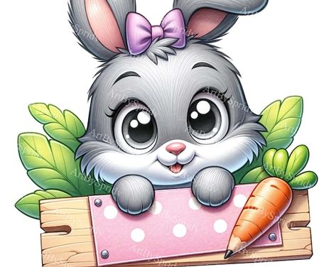 View Easter by ArtBySpridv on Etsy Easter Clipart Cute, Easter Drawing, Easter Bunny Cartoon, Bunny With Bow, Easter Bunny Clipart, Carrot Design, Easter Drawings, Bunny Clipart, Baby Animal Drawings