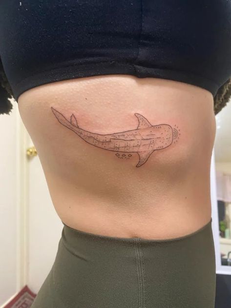 Whale Shark Tattoo Placement, Whale Shark Rib Tattoo, Fineline Whale Shark Tattoo, Shark Tattoo On Ribs, Ocean Sternum Tattoo, Shark Rib Tattoo, Sea Creature Tattoo, Marine Tattoos, Surfer Tattoo