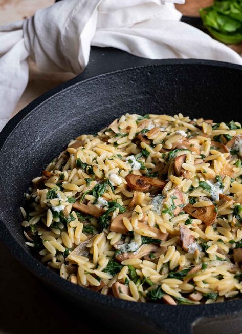 Boursin Spinach Sundried Tomato Orzo, Creamy Spinach And Mushroom Orzo, Orzo Spinach Mushroom, Orzo Mushroom, Mushroom Blue Cheese, Creamy Orzo Pasta, Blue Cheese Pasta, Caramelized Mushrooms, Blue Cheese Chicken