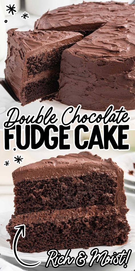 Double Fudge Cake, Fudgiest Chocolate Cake, Chocolate Fudge Cake Recipe Homemade, Fudge Brownie Cake Recipe, Double Fudge Chocolate Cake, Double Chocolate Fudge Cake, Easy Chocolate Fudge Cake Recipe, Boxed Chocolate Cake Recipes, Chocolate Fudge Cake Mix Recipes