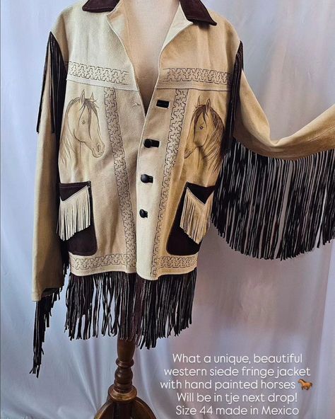 I've been waiting for this piece for weeks now all the way from the UNITED STATES! such a classic western cowboy jacket for man or woman size 44 made in Mexico genuine suede & hand painted.. bone & chocolate brown tone adds that magical touch to your outfit! especially if you ❤️ 🐎 #horselovers #horseclothing #westernjackets #wildwest Jacket For Man, Cowboy Jacket, Western Jacket, Brown Tone, Fringe Jacket, Clothes Horse, Horse Painting, Western Cowboy, Chocolate Brown