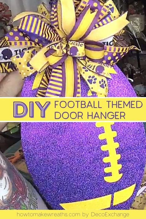 How To Make Bows For Door Hangers, Football Diy Crafts, Dollar Tree Football Wreath Form Diy, Fall Football Crafts, Football Wreath Diy, Louisiana Decor, Football Wreaths, Sports Wreath, Wreath Making Tutorials