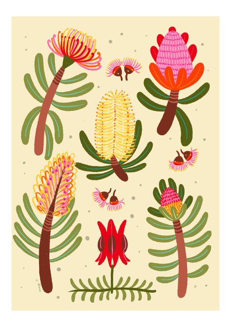 "Australian flora art print" by emma whitelaw. Paintings for Sale. Bluethumb - Online Art Gallery Australian Mural Art, Australian Floral Art, Australian Flower Illustration, Australian Folk Art, Australian Flora Illustration, Australian Native Flowers Illustration, Australian Illustration, Frog Mural, Australia Illustration