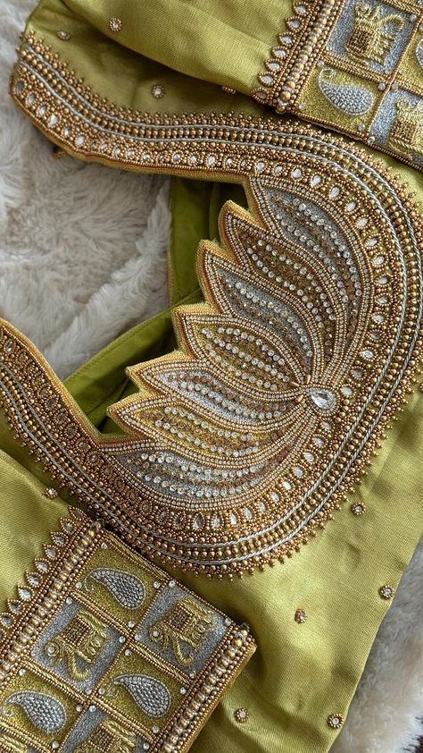 Silk Blouse Embroidery Designs, Unique Aari Work Blouse Designs, Pearl Embroidery Blouse, Bridal Blouse Back Designs, Sakthi Boutique, Bridal Saree Blouse Designs, Gold Blouse Designs, Blouse Neck Design, Hand Embroidery Blouse