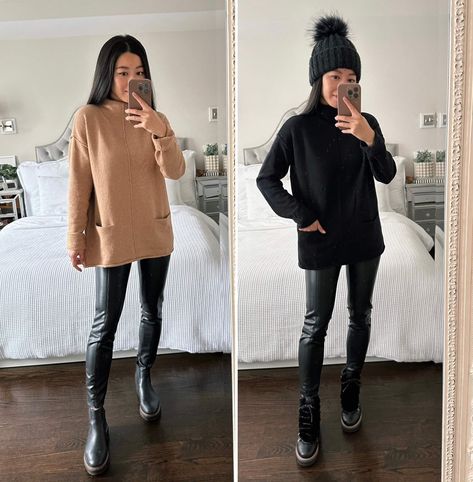 how to style a tunic sweater with leather leggings and boots // petite friendly tunic sweater try on & review Tunic Sweater With Leggings, Sweater Tunic Outfit, Leather Leggings Winter Outfit, Leather Leggings With Boots, Sweater With Leather Leggings, Leather Leggings Winter, Tunic Sweater Outfits, Boston Winter, Leather Tights