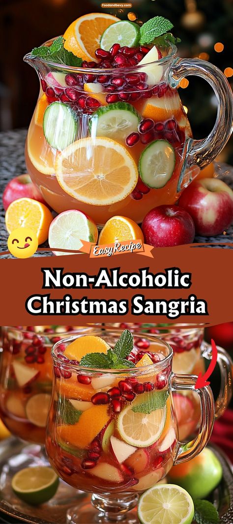 Celebrate the season safely with Non-Alcoholic Christmas Sangria, a vibrant and refreshing mix of cranberry juice, orange juice, and sparkling water, adorned with slices of oranges, cranberries, and apples. It’s a festive drink everyone can enjoy. #Mocktail #ChristmasSangria #FestiveDrinks Non Alcoholic White Sangria, Virgin Breakfast Drinks, Non Alcoholic Sangria Christmas, Infused Water For Christmas Party, Christmas Sangria Non Alcoholic, Christmas Brunch Drinks Non Alcoholic, Sangria Non Alcoholic Recipes, Spritzers Non Alcoholic, Christmas Non Alcoholic Drinks Holidays