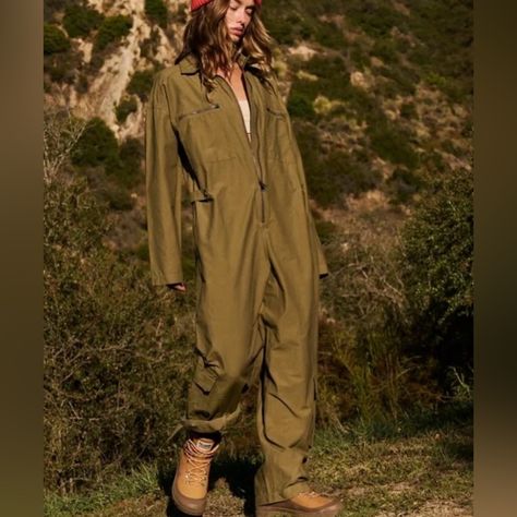 Free People Movement Mesmerize Me Coveralls In The Army Green Color. Brand New With With Tags, Perfect Condition. So Cool And Fun! On Trend One-Piece That Is Easy To Wear, Not The Noisy, Swishy Material But Still Super Soft. Embroidered Logo On Left Pocket, Logo Stamped On All Buttons And Zippers, Functional Utility Pockets In Back And Front, Black Writing With Logo On Sleeves And Pants When Cuffed With Free People Movement Written On A Navy Background In Silicone Gel So It Won't Rub Off, Snap C Jumpsuit Style, Coverall Jumpsuit, Utility Jumpsuit, Green Fits, Green Jumpsuit, Style Cargo, Long Sleeve Jumpsuit, Free People Movement, Fp Movement