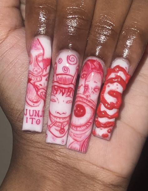 Junji Ito Acrylic Nails, Cute Different Nails, White Acrylic Square Nails, Hand Painted Nail Art Creative, Nail Art Characters, Nail Art Character, Junji Ito Nails, Square Nail Ideas, Acrylic Square Nails