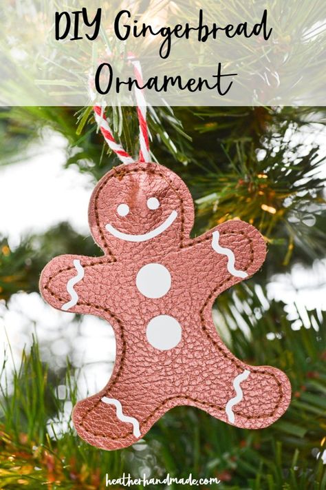 Use leather to make a DIY gingerbread ornament. Cut out the shape and the frosting details with a Cricut Maker for an easy project! One of my favorite shapes of Christmas is a gingerbread man. It’s so classic and simple. I love the curves, and how you can personalize the frosting details however you want. I’m going teach you to make a simple gingerbread ornament with leather and some iron-on vinyl. Faux Leather Christmas Ornaments, Diy Leather Ornaments, Do It Yourself Decoration, Gingerbread Diy, Christmas Sewing Projects, Gingerbread Ornaments, Christmas Craft Projects, Handmade Christmas Crafts, Homemade Holiday