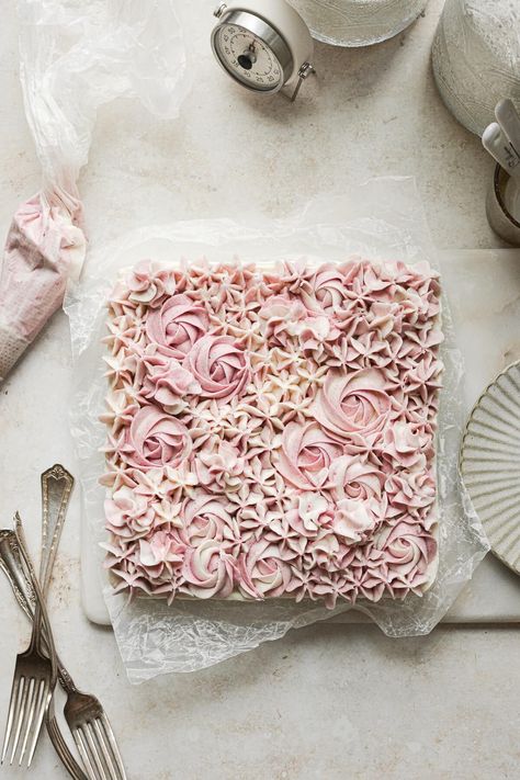 A moist and dense lemon blueberry cake, frosted with lemon and blueberry cream cheese buttercream in pretty piped florals. Lemon Blueberry Sheet Cake, Blueberry Sheet Cake, High Altitude Cake Recipe, Sheet Cakes Decorated, Lemon Blueberry Cake, Lemon And Blueberry, Happy Juneteenth, High Altitude Baking, Cake Piping