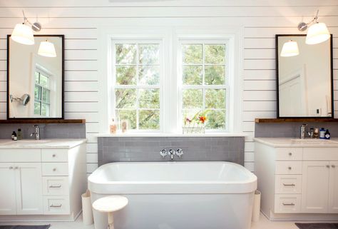 Tub between two vanities Wood Fireplace Surrounds, Shiplap Paneling, Bathroom With Tub, Ship Lap, Refinish Bathtub, House Redesign, Farmhouse Remodel, Farmhouse Modern, Wood Fireplace