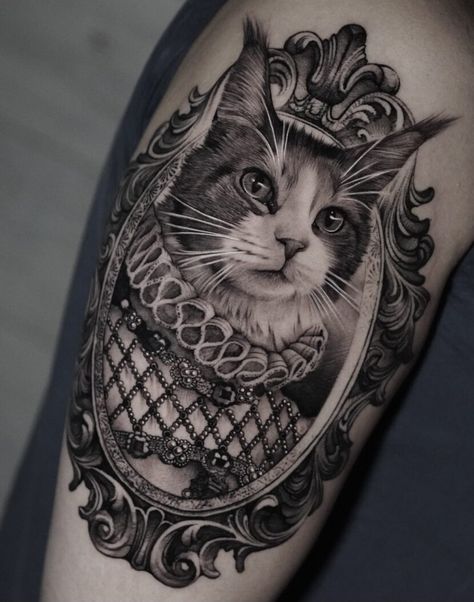 Tattoo Gato, Cat Portrait Tattoos, Italian Tattoos, Framed Tattoo, Cat Tattoos, Cat Tattoo Designs, Leg Sleeve Tattoo, Cute Small Tattoos, 3d Tattoo