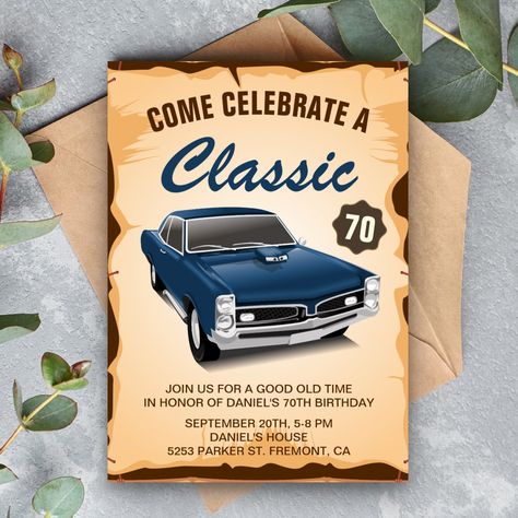 Classic Birthday Invitation, Vintage Car Birthday Party, Surprise Invitations, Vintage Blue Car, Birthday Party Adult, Vintage Car Birthday, Classic Birthday, Car Birthday Party, Vintage Birthday Parties