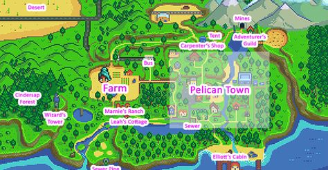 Map of Stardew Valley - not mine! Pelican Town Stardew, Stardew Valley Map, Stardew Valley Complete Museum, Stardew Valley Traveling Cart, Stardew Valley Perfection Tracker, Cross Stitch Map, Adventurer's Guild, Stardew Valley Tips, Tattoo Photography