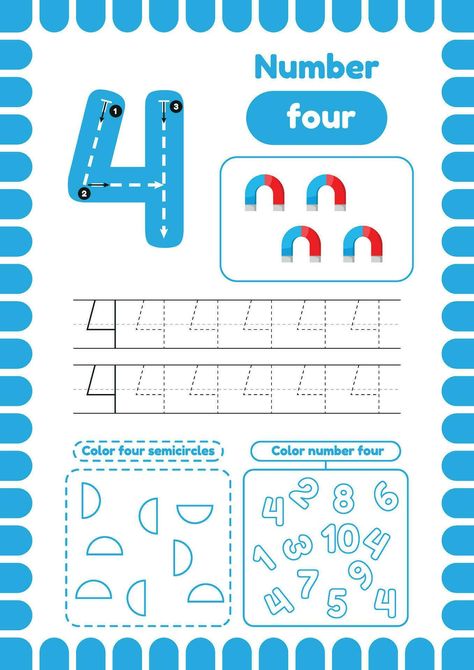 Kida activity pages. Learn numbers. Preschool worksheets. Number four Number 4 Worksheets For Preschool, Learn Numbers Preschool, Numbers Preschool Worksheets, Four Number, Learning Numbers Preschool, Preschool Number Worksheets, Learn Numbers, Vector Texture, Numbers Kindergarten