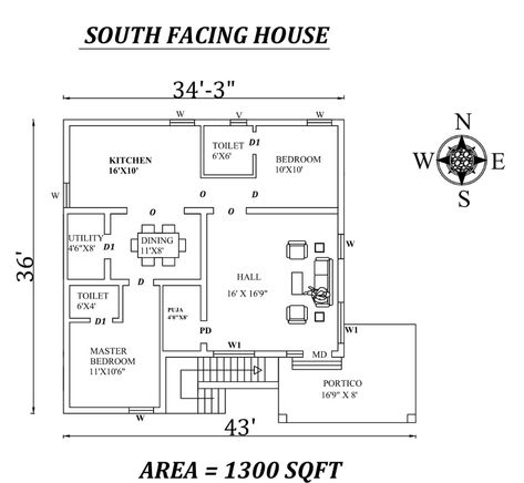 Autocad Drawing file shows 34'X36' 2bhk Amazing South facing House Plan As Per Vastu Shastra. The total buildup area of this house is 1300 sqft. The kitchen is in the northwest direction. Dining near the kitchen is in the west direction. The utility is placed near the kitchen in the west. The Hall Placed in the east direction. The puja room is in the west. The master bedroom is available in the southwest direction with the attached toilet is in the west. The kid's bedroom is in the Northeast dir 1300sqft House Plans, 2 Bhk House Plan With Pooja Room, South Facing House Elevation Design, South Facing House Plan, 800 Sq Ft House, Mini House Plans, South Facing House, East Direction, Vastu House