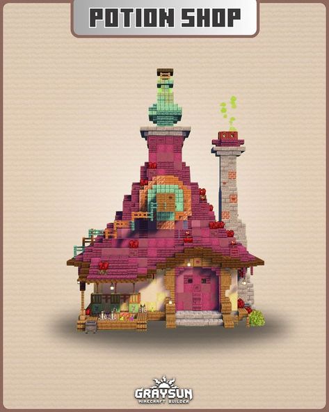 Graysun | Minecraft Builds | Minecraft - Potion Shop��⚗️ 👉Download available on Patreon Minecraft potion shop design. You can download this build by subscribing to my… | Instagram Minecraft Big Builds, Minecraft Fantasy House, Potion Shop, Play Bakery, Minecraft Shops, Minecraft Welten, Minecraft Structures, Minecraft Cottage, Minecraft House Tutorials