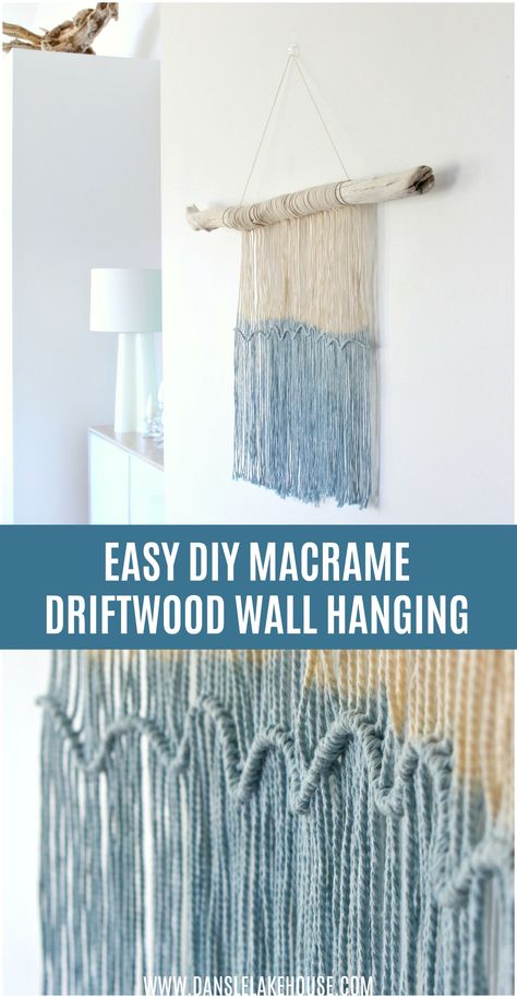 Easy DIY Macrame and Driftwood Wall Hanging | Dans le Lakehouse. Check out the tutorial for this easy macrame wall hanging! It's just ONE knot - the perfect beginner macrame project. Easy macrame wall hanging DIY to get you into string wall art. You'll love this simple macrame wall hanging - I dip dyed it for extra interest! Click through for more driftwood projects, driftwood wall art, driftwood decor, and driftwood crafts! It's easy to make your own coastal decor with this project. #macrame Diy Outdoor Candles, Simple Macrame Wall Hanging, Easy Macrame Wall Hanging, Easy Diy Macrame, Beginner Macrame, Driftwood Wall Hanging, Driftwood Macrame, Mom Crafts, Driftwood Diy