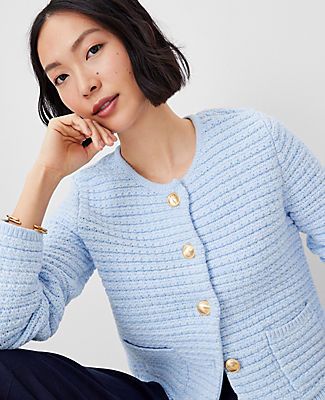 A smart style that's perfect for any occasion, this flattering sweater jacket is done in a marled geo stitch. Crew neck. Long sleeves. Button front. Front patch pockets. Ribbed neckline, pockets, cuffs and hem.,Hit:19 1/2" long,Imported:Imported,Fit:Softly fitted,Length:19 1/2" long,Fabrication:55% Cotton, 27% Polyester, 18% Nylon,Garment Care:Machine Washable Marled Geo Stitch Sweater Jacket by Ann Taylor Size regular - XS Blue Multi Women's Cotton, Blend, Other, Jacket, Sweaters, 55%, Cotton, Classic Cotton Collared Sweater, Classic Button-up Sweater With Buttoned Pockets, Chic V-neck Sweater Coat With Pockets, Classic V-neck Sweater Coat With Pockets, Elegant Fine Knit Button-up Outerwear, Dressy Jackets, Pocket Sweater, Knitted Suit, Summer Sweaters