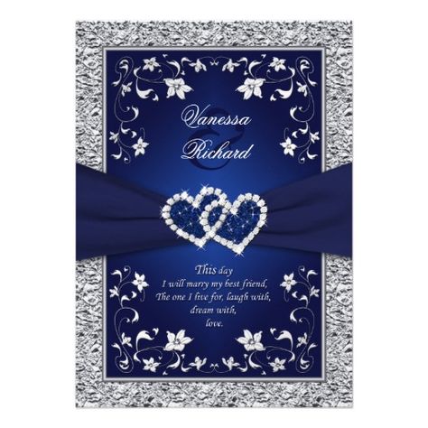 Navy Silver Floral Hearts FAUX Foil Wedding Invite Blue And Silver Wedding, Blue And White Wedding, Silver Wedding Invitations, Navy Blue Wedding Invitations, Navy Wedding Invitations, Royal Blue Wedding, Trendy Wedding Invitations, Affordable Wedding Invitations, Winter Wedding Invitations